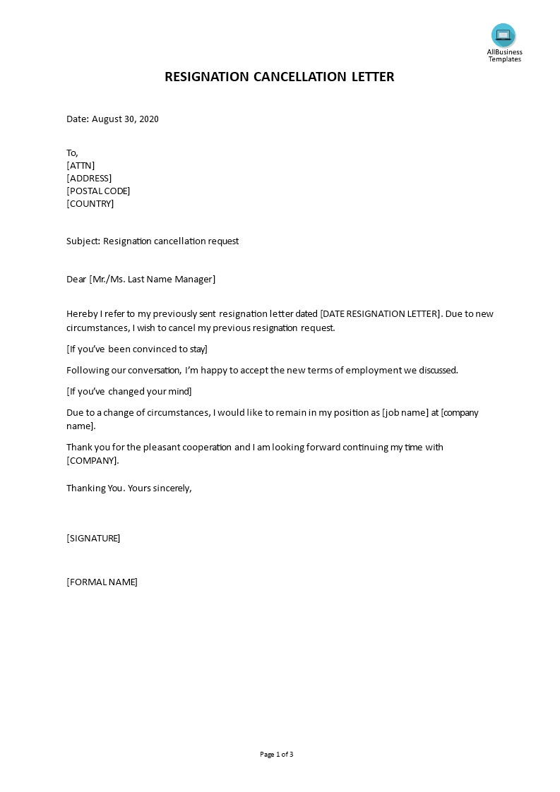 Kostenloses Resignation retraction letter template