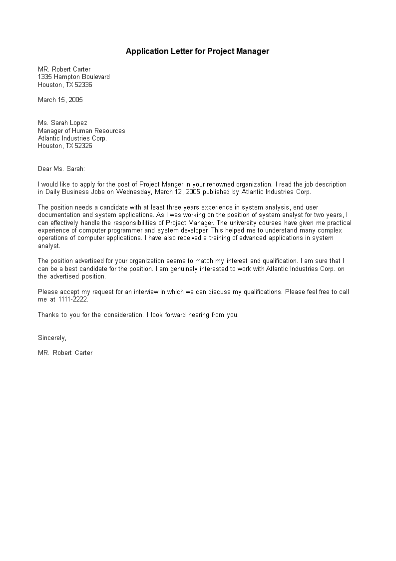 application letter example for a project manager