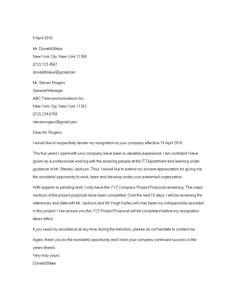 standard 2 week resignation letter template