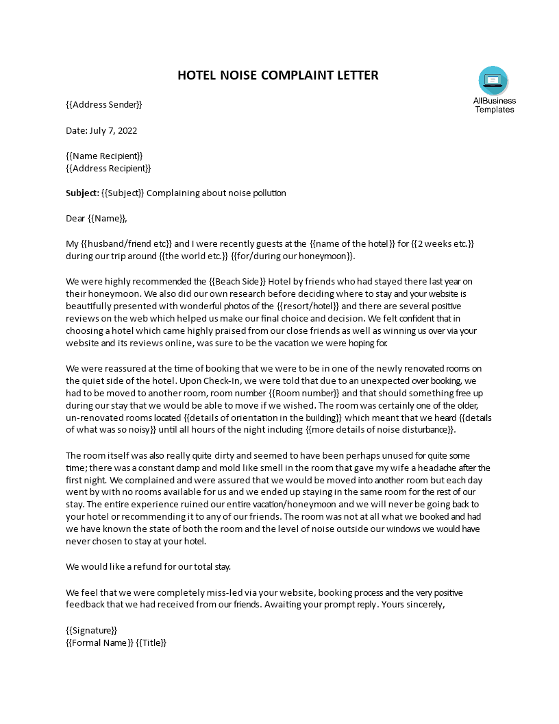 Hotel Noise Complaint Letter Gratis