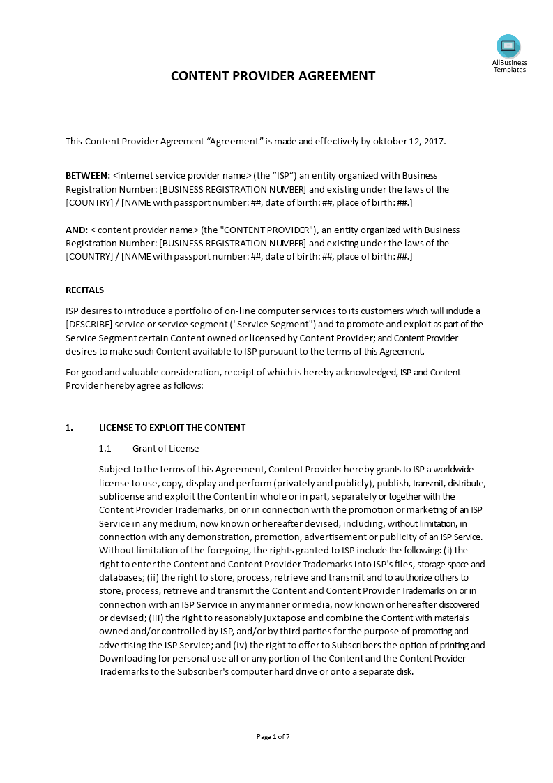Content Provider Agreement 模板