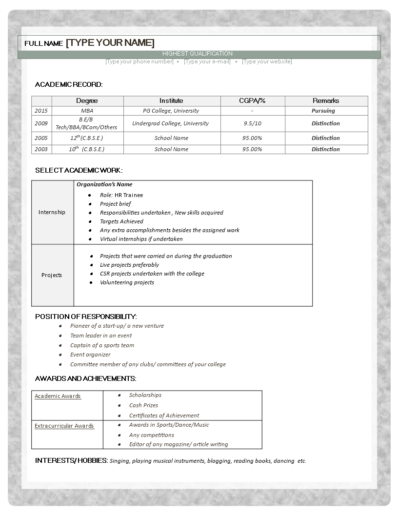 hr fresher resume sample template