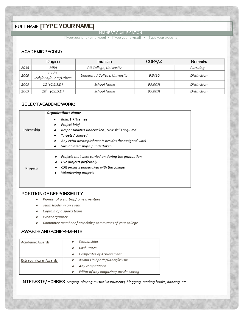 hr fresher resume sample Hauptschablonenbild