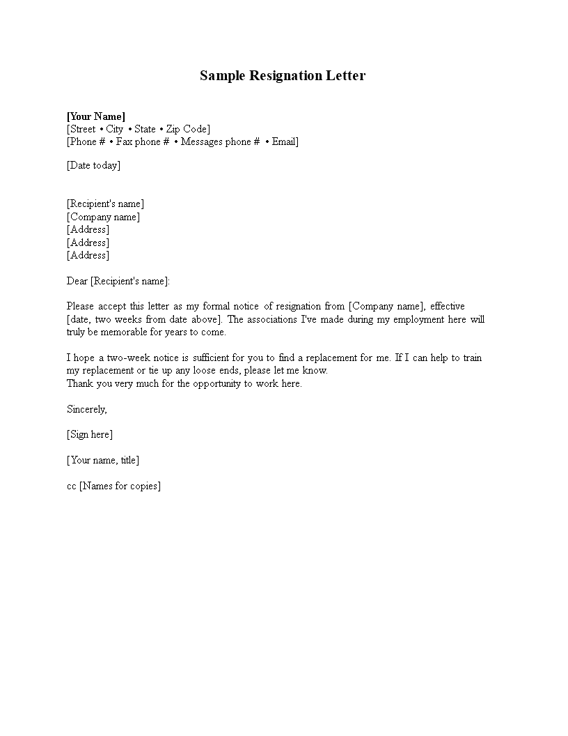 Basic Resignation Letter Two Weeks Notice main image