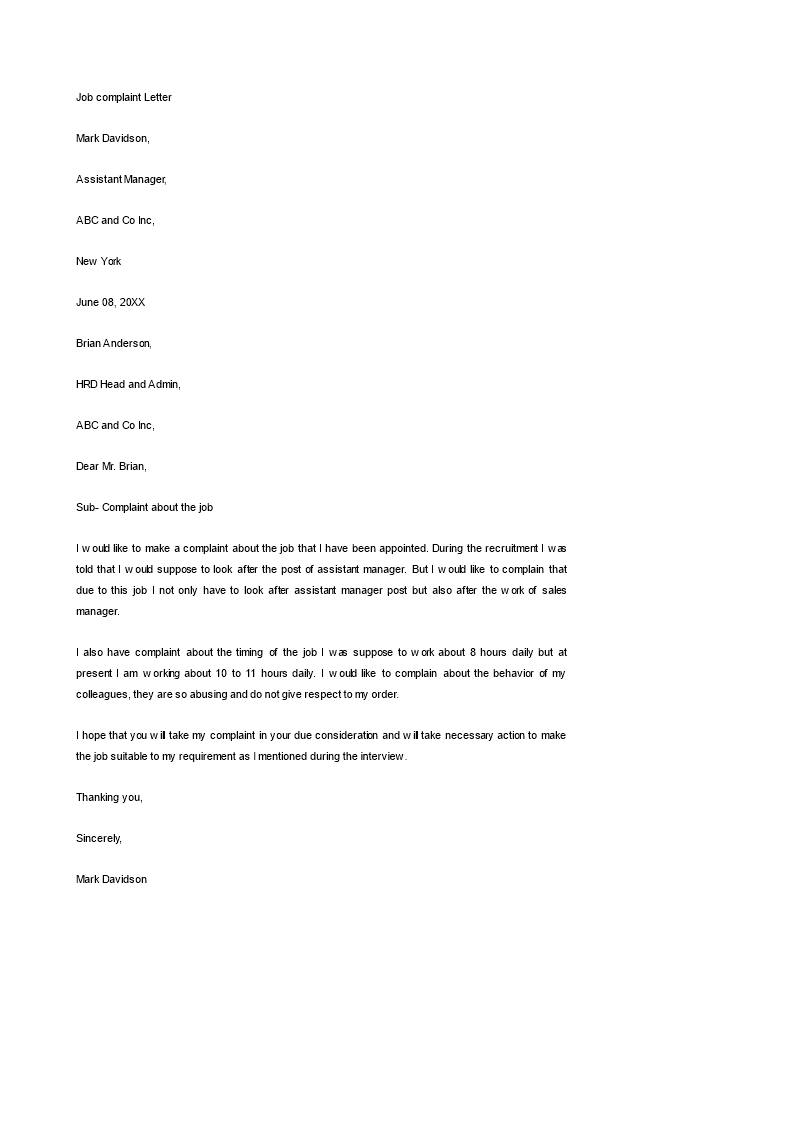 job complaint letter template