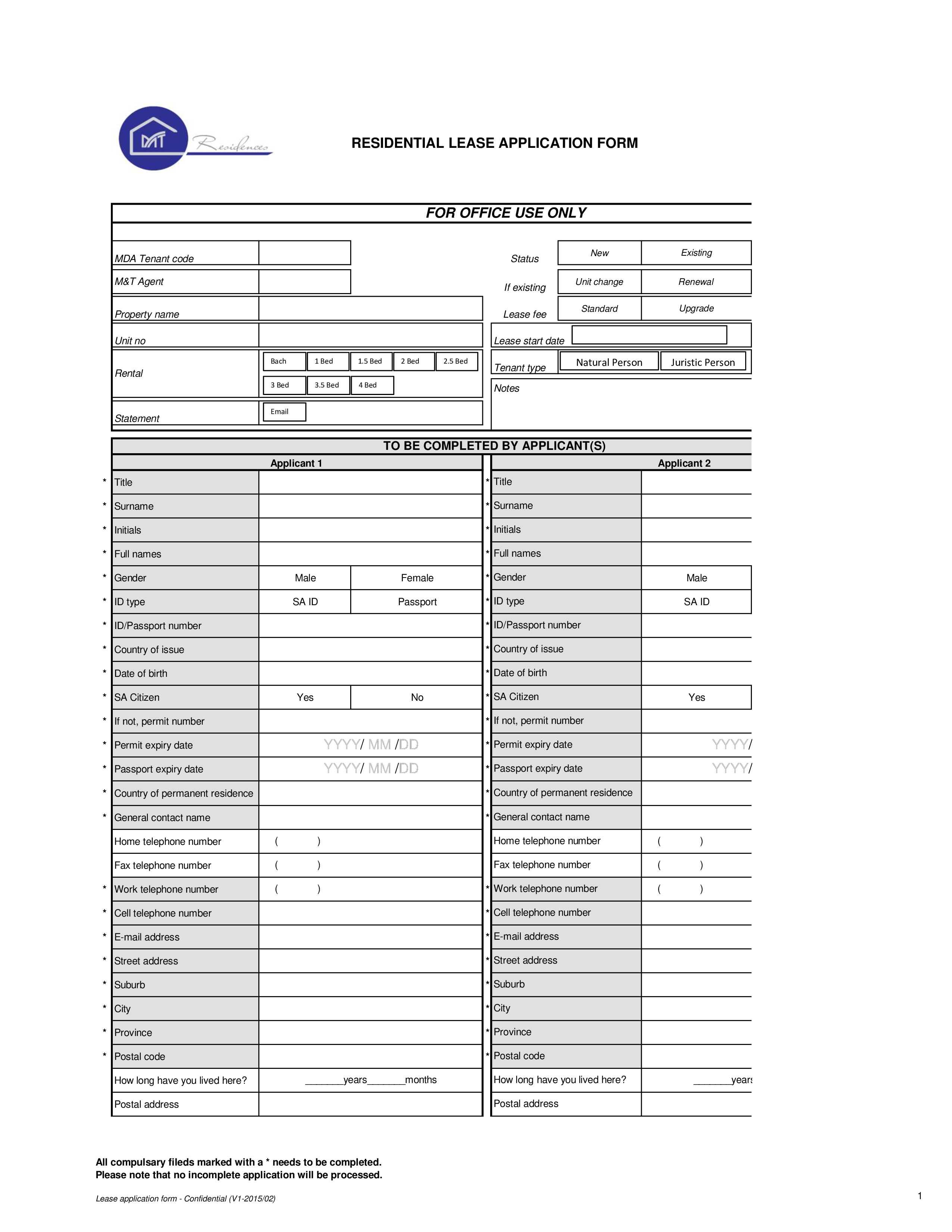 Generic Residential Lease Application 模板