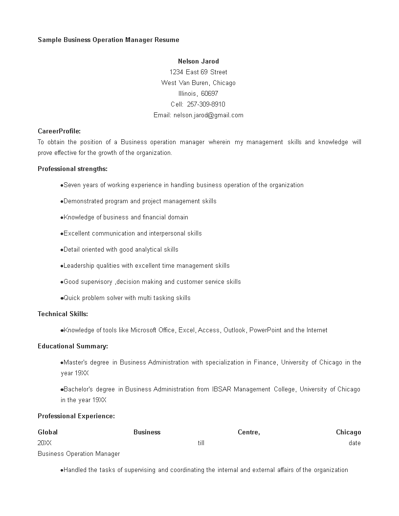 Business Operations Manager Resume 模板