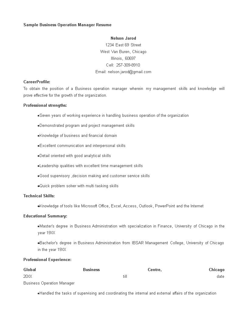 business operations manager resume voorbeeld afbeelding 