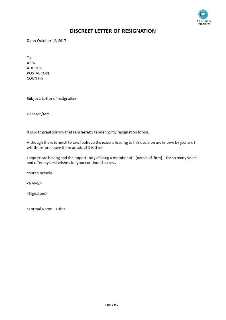 discreet letter of resignation template