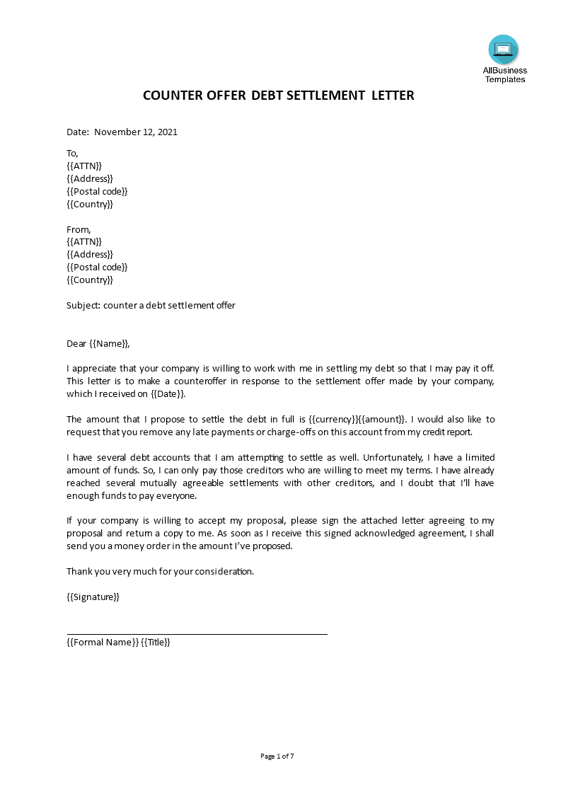 settlement counter offer letter template