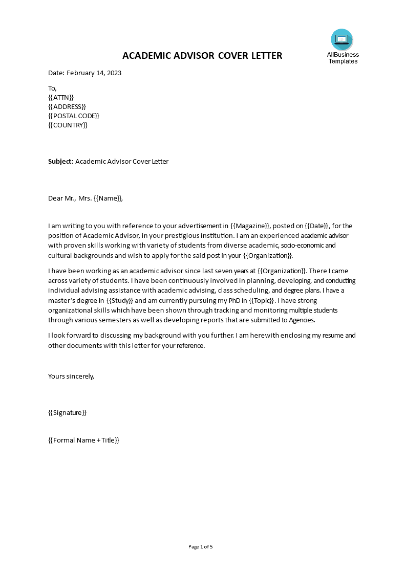 academic adviser cover letter template