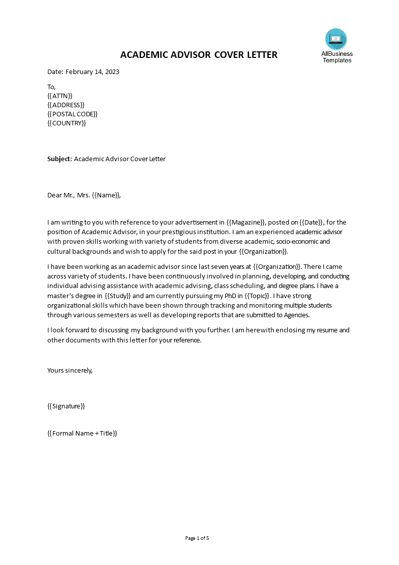 academic adviser cover letter modèles