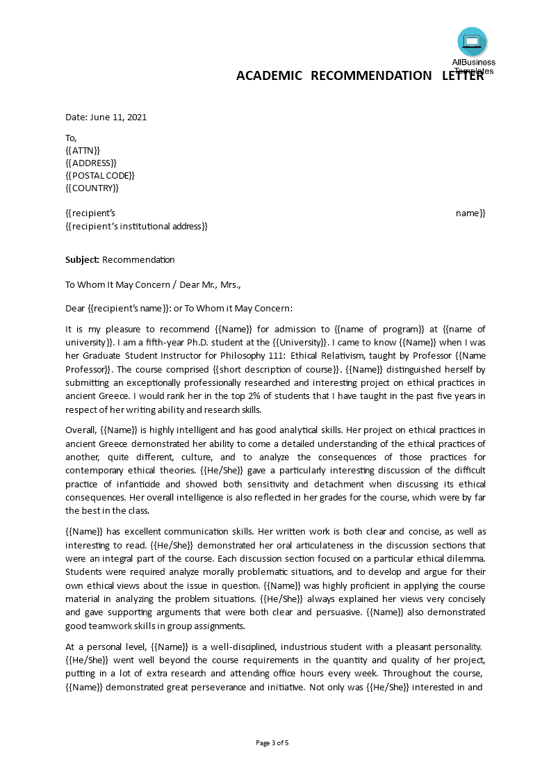 Academic Letter of Recommendation template | Templates at