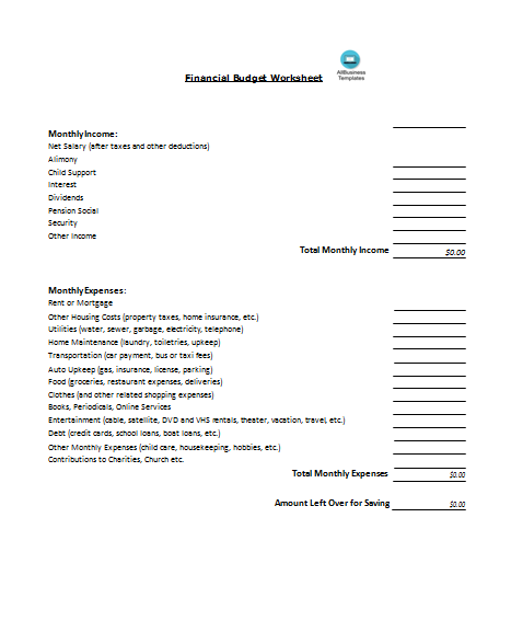 Home Finance Budget Excel Worksheet 模板
