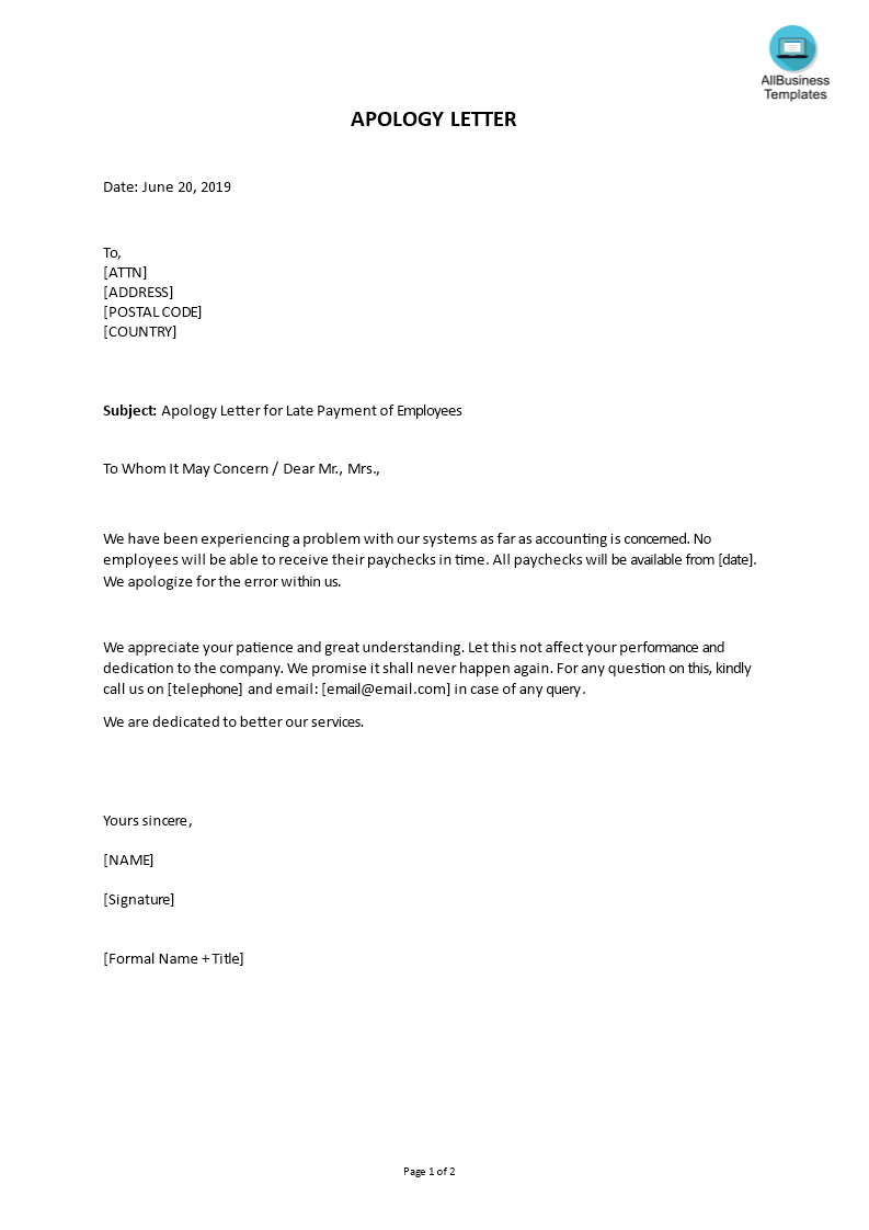 apology letter for late payment of employees template