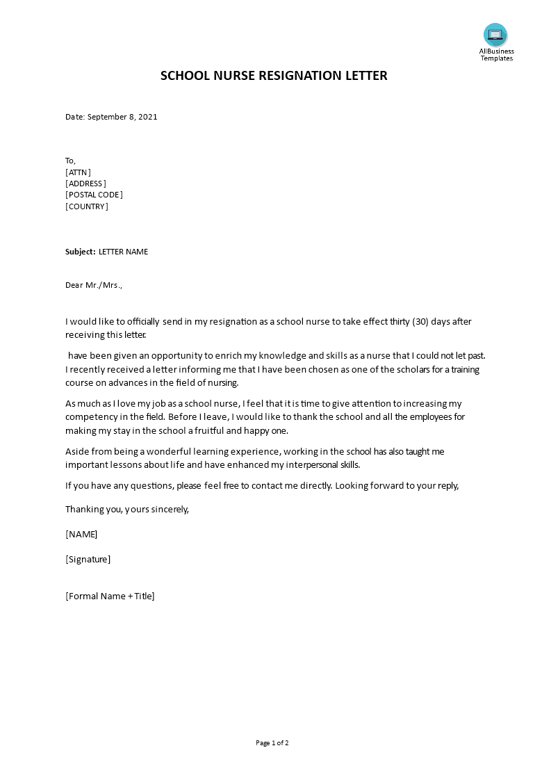 Nurses Resignation Letter Sample from www.allbusinesstemplates.com