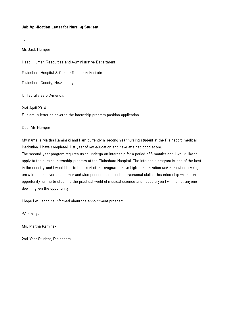 job application letter for nursing student template