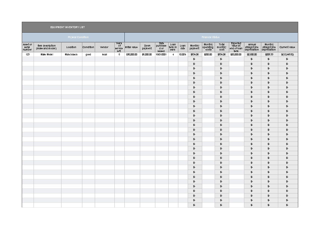 excel equipment inventory list template