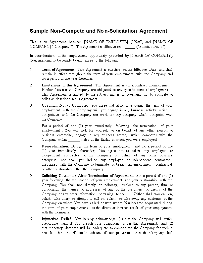 免费Sample Non Compete And Non Solicitation Agreement In Word Inside free non compete agreement template