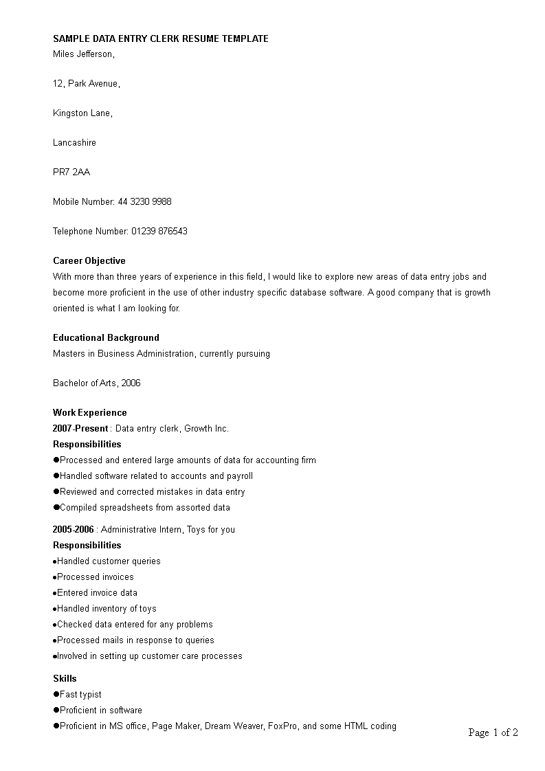 Data Entry Clerk Work Resume main image