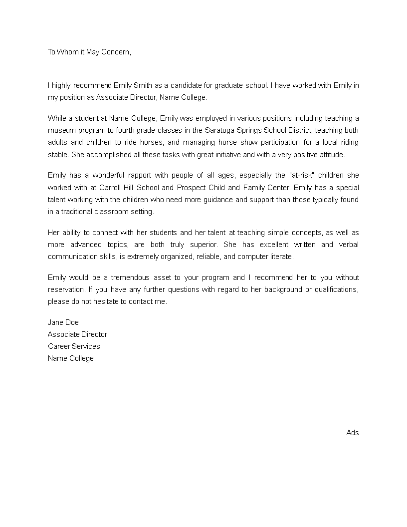 Letter of recommendation for graduate school main image