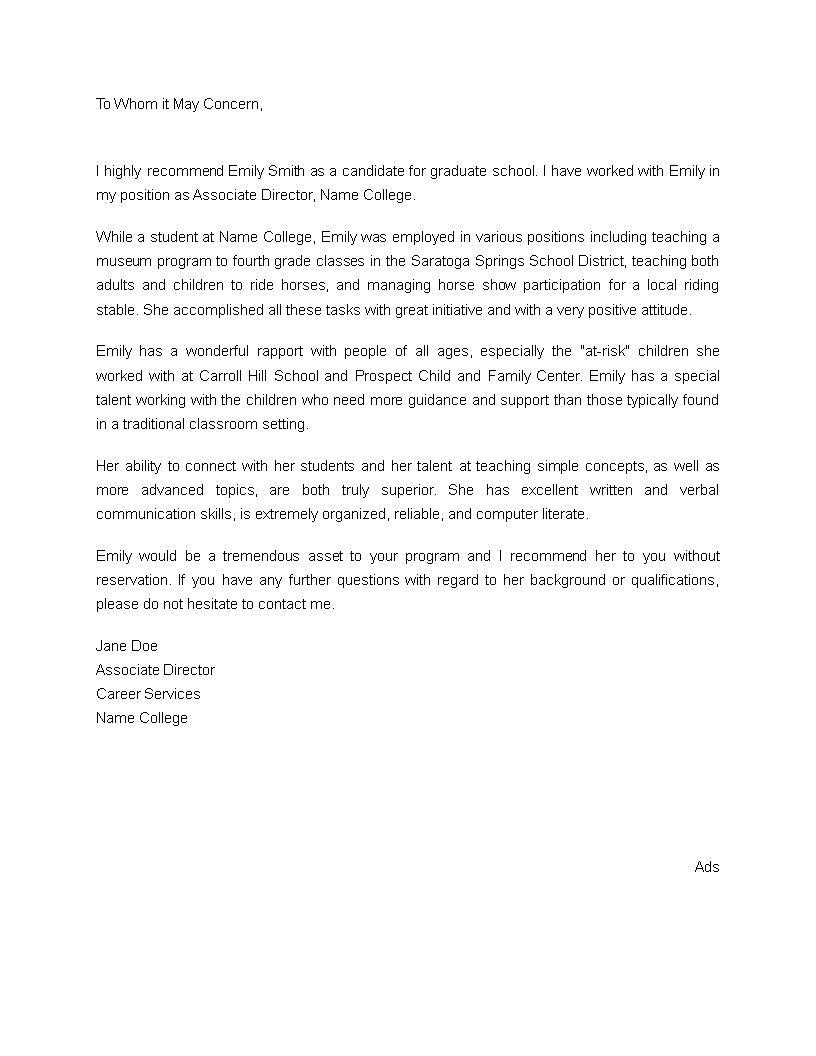 letter of recommendation for graduate school template