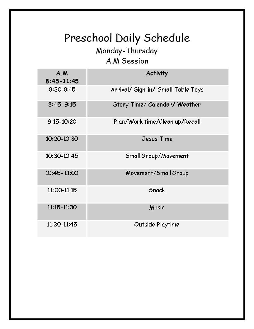 Preschool Daily Schedule Word 模板