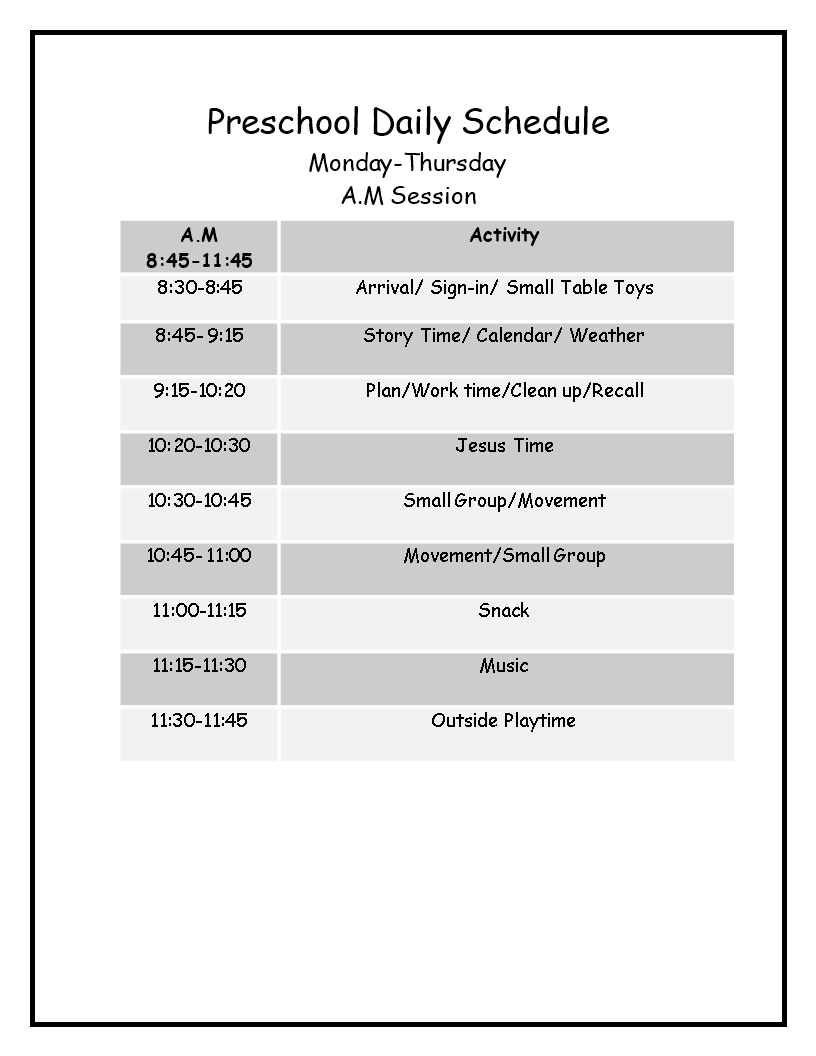 Preschool Daily Schedule Word Templates At Allbusinesstemplates