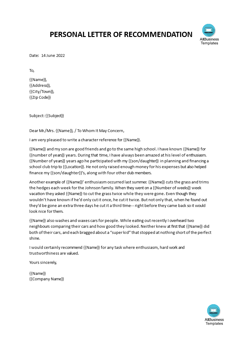 sample letter of recommendation template