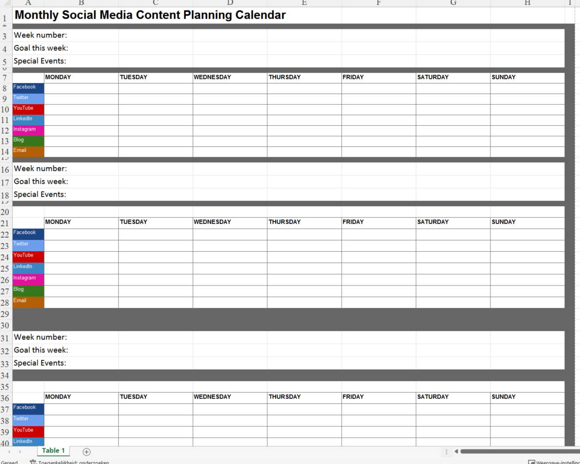 monthly social media calendar voorbeeld afbeelding 