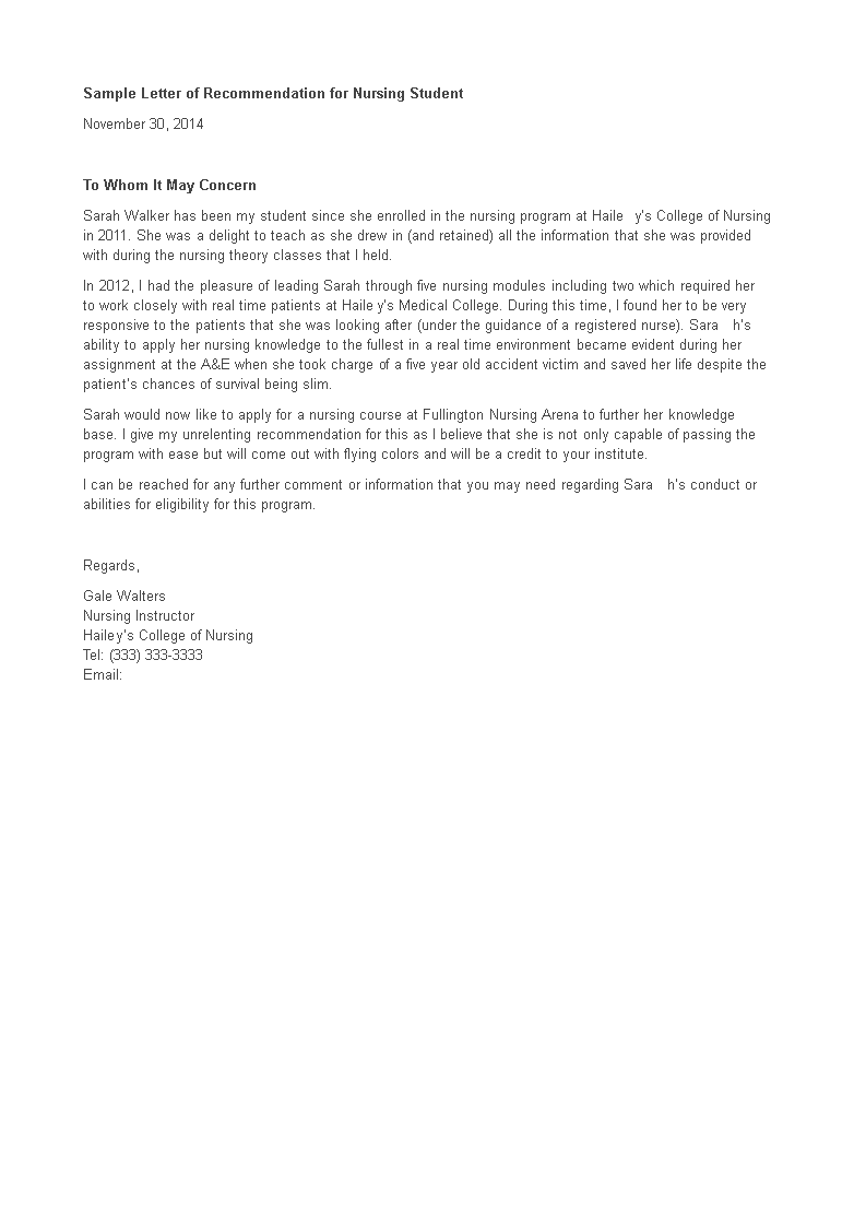 Letter Of Recommendation For Nursing Student Templates At 