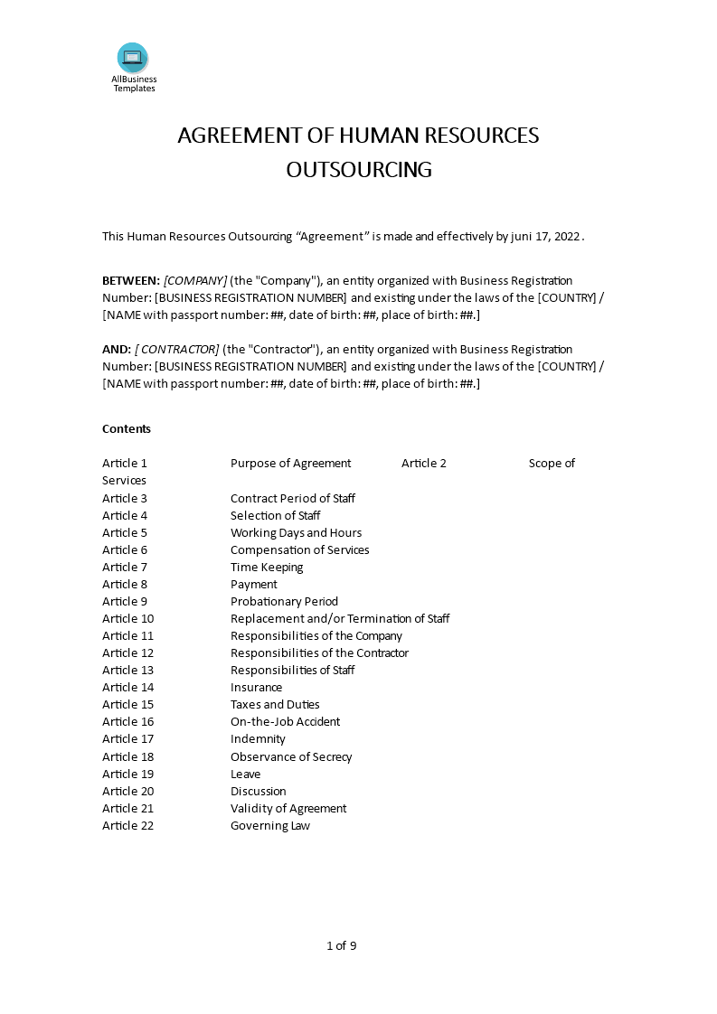 template ng kasunduan sa serbisyo human resources voorbeeld afbeelding 