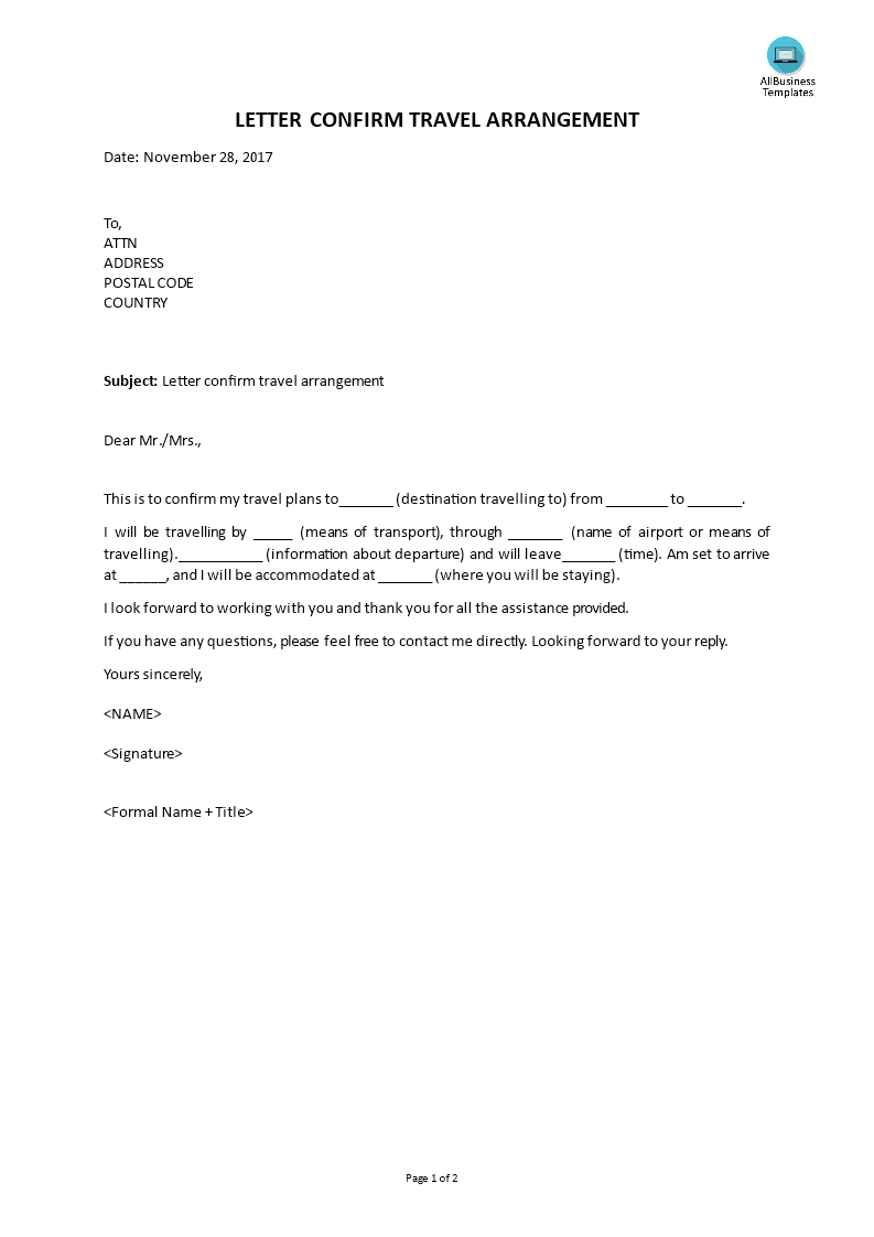 trip arrangement letter