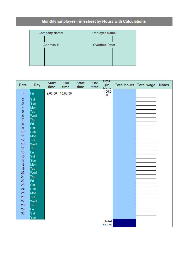 Monthly Employee Timesheet by hours with calculations template main image