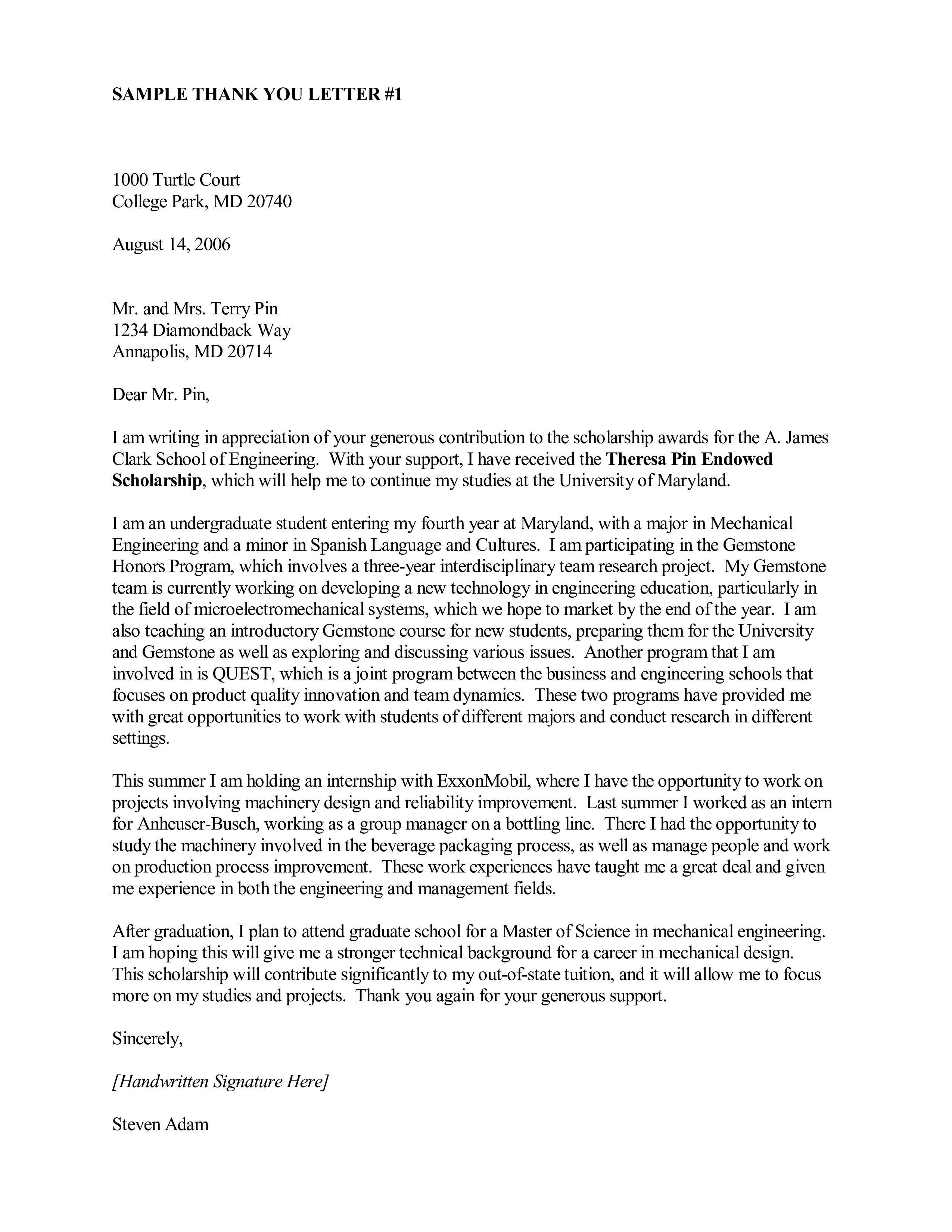 Gratis Thank You Letter for Scholarship Donor