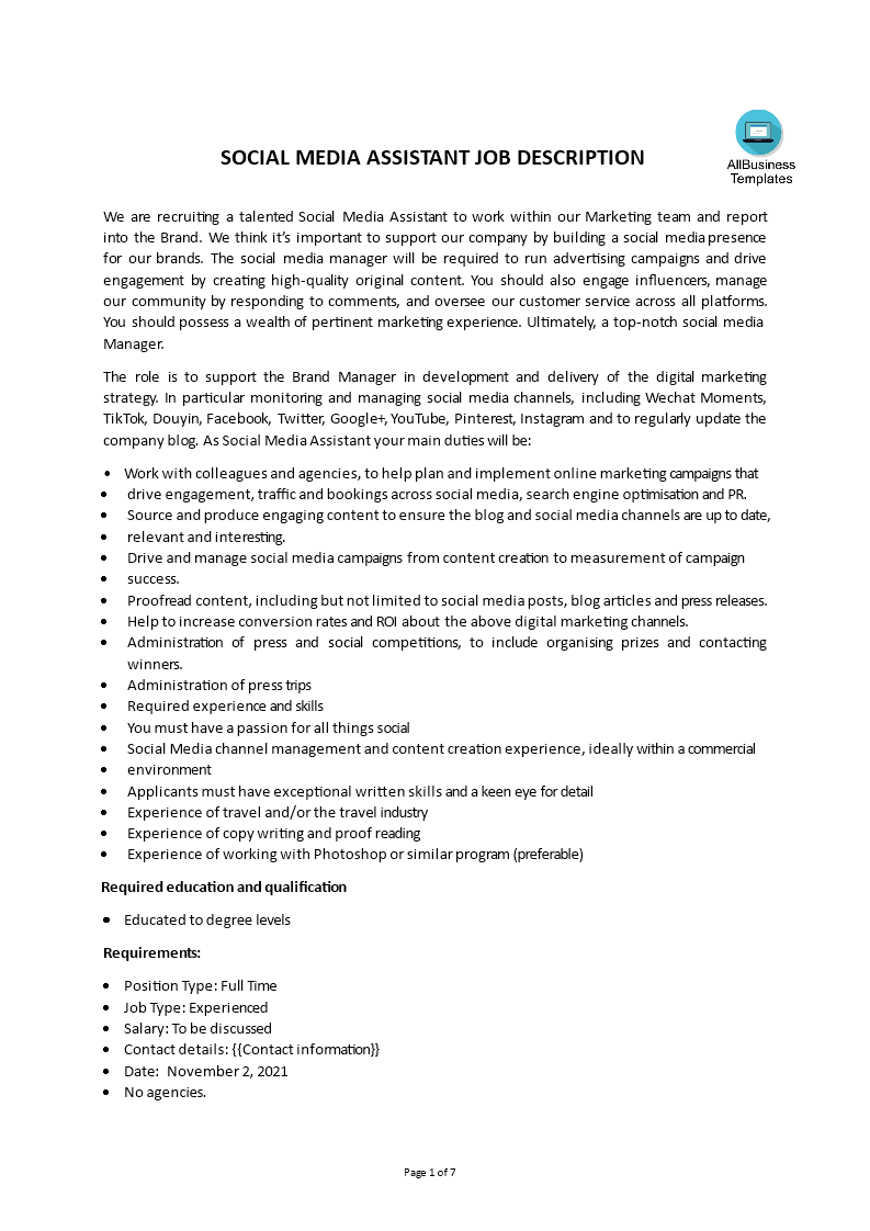 Télécharger Gratuit Social Media Assistant Job Description