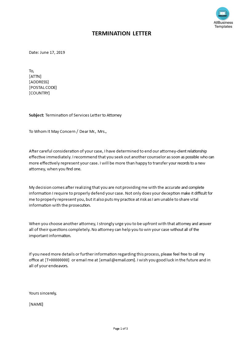 termination of services letter to attorney voorbeeld afbeelding 