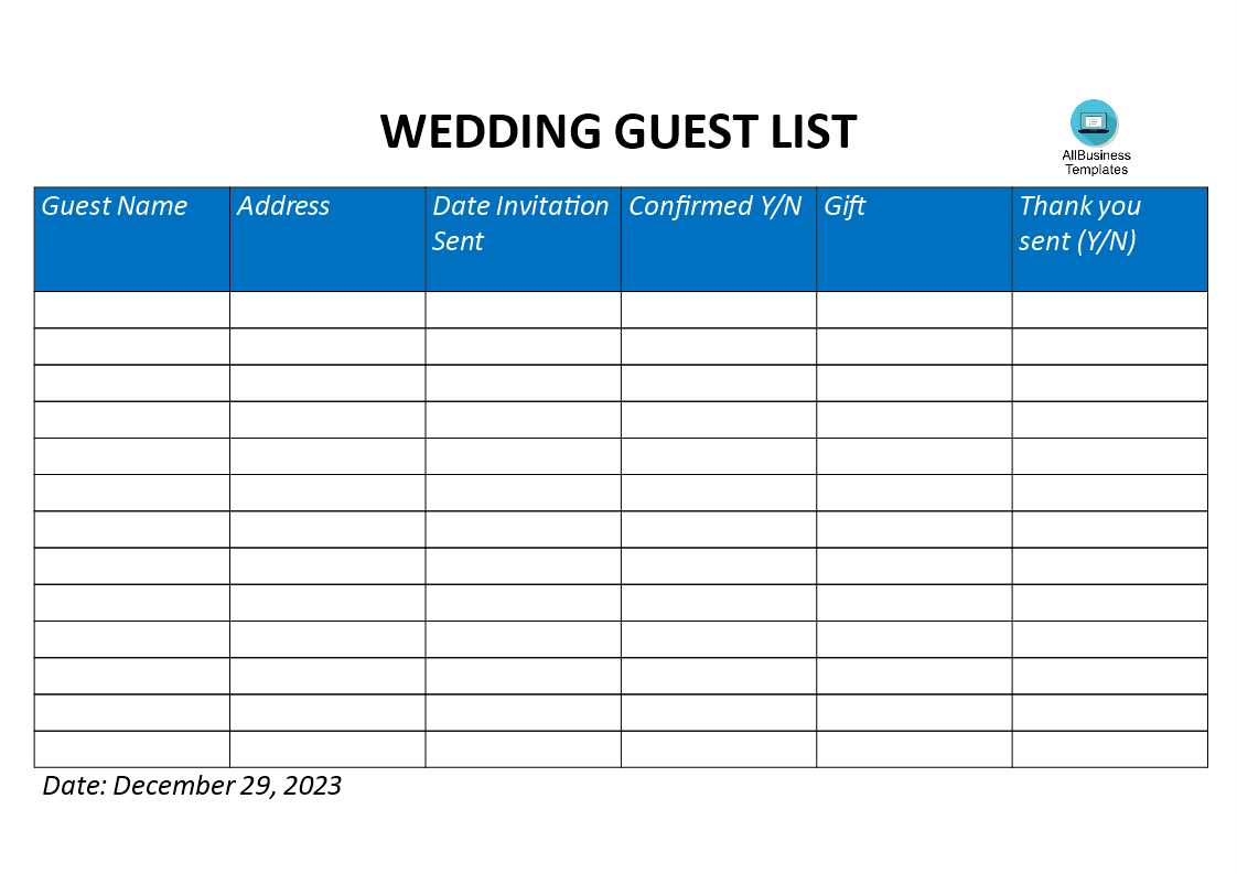 Wedding Guest List 模板