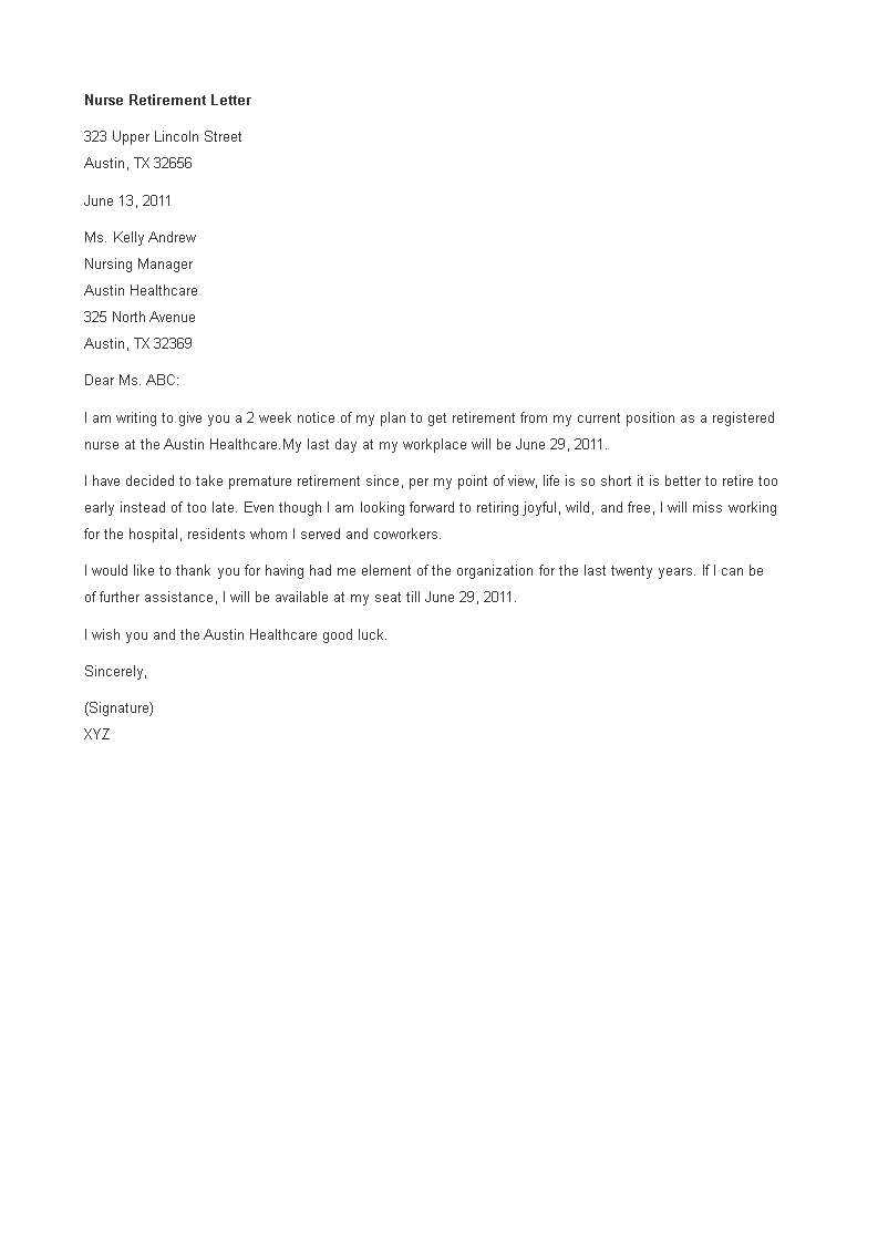 Nurse Retirement Resignation Letter main image