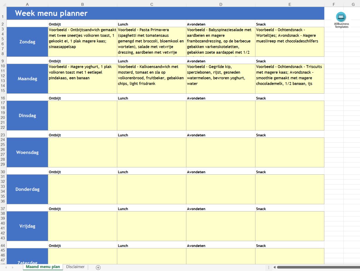 wekelijkse maaltijd kalender modèles