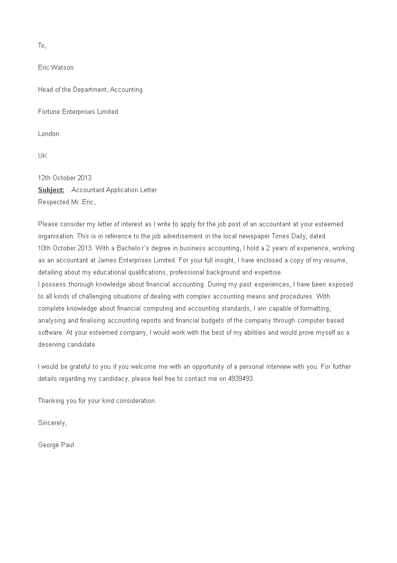 accountant job application letter template