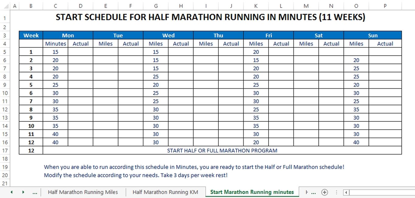 Marathon Running Schedule (in Kilometers) Templates at