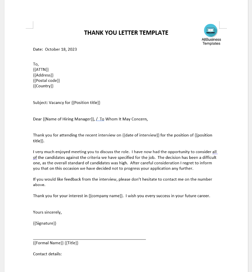 thank you interview letter email template
