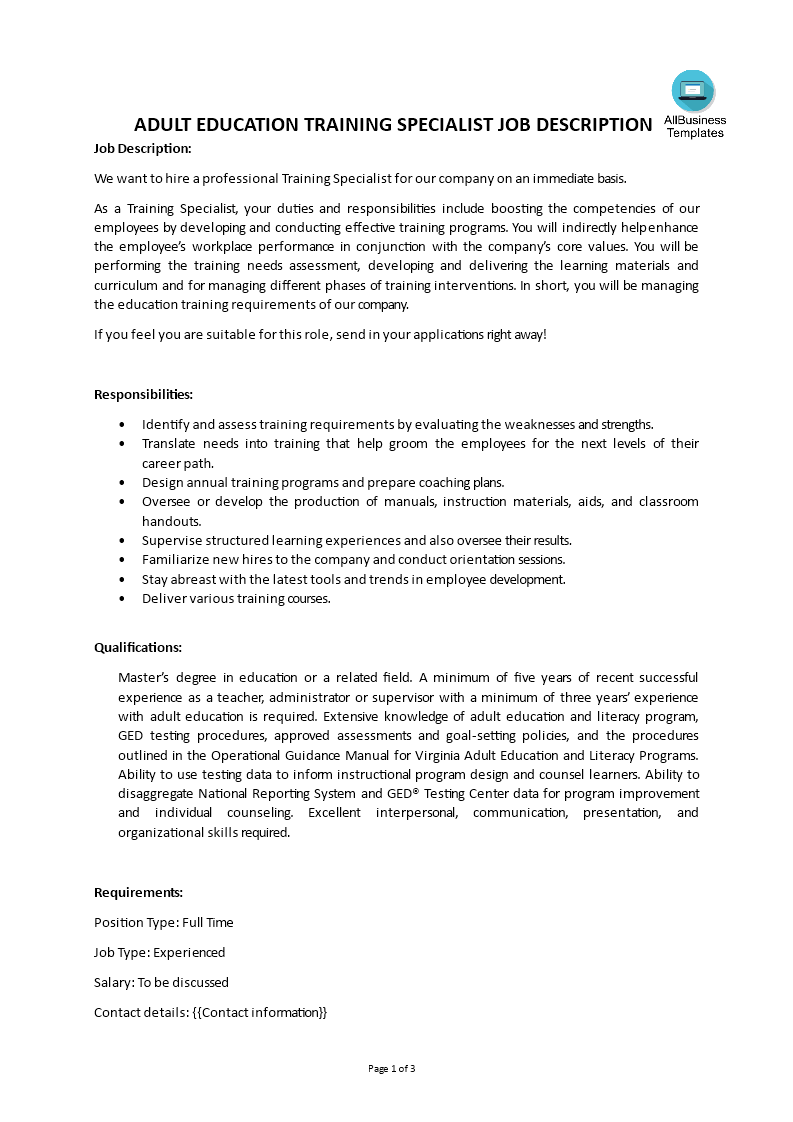 adult education training specialist job description template