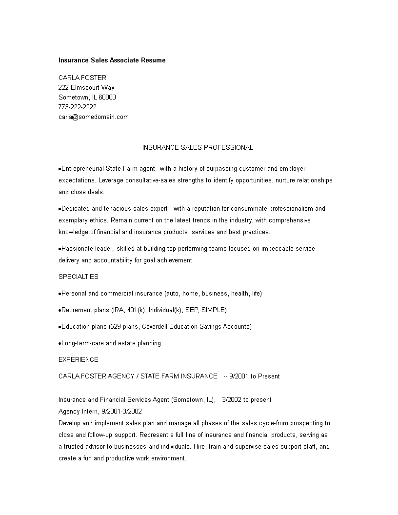 insurance sales associate resume modèles