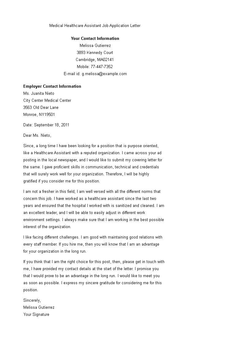 application letter for healthcare assistant