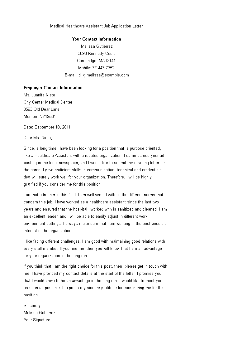 medical healthcare assistant application letter template