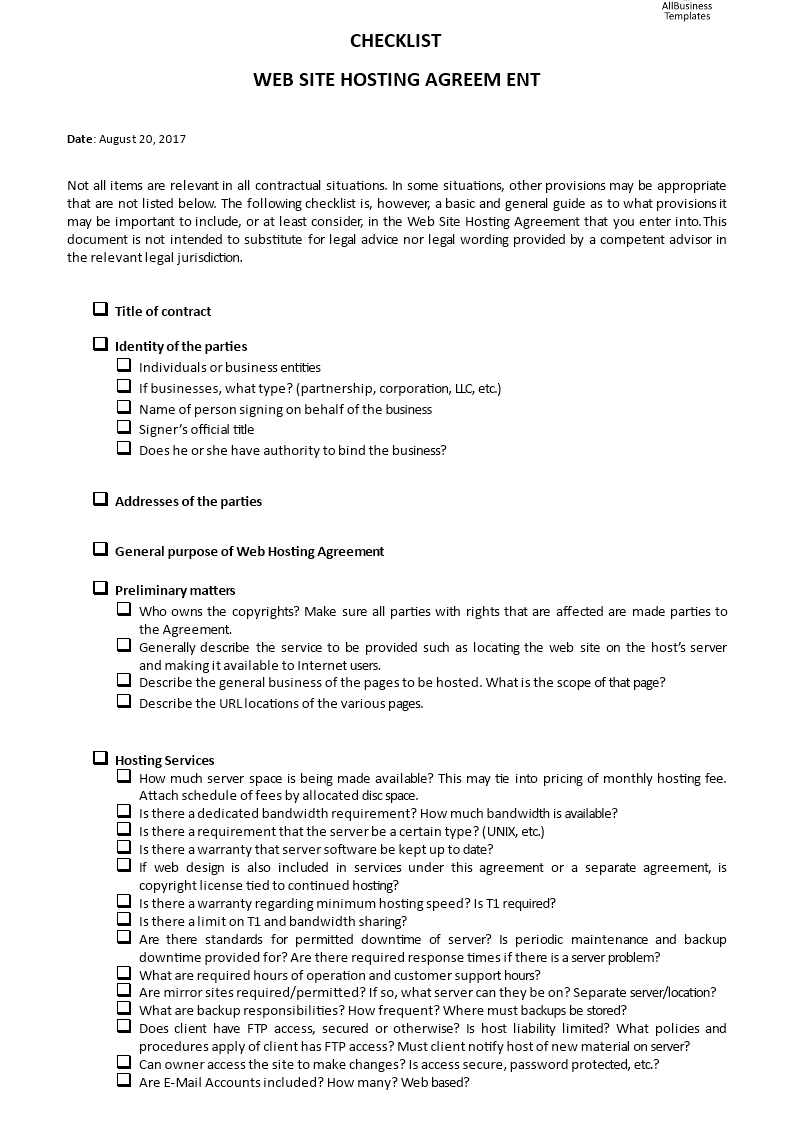 checklist website hosting agreement template