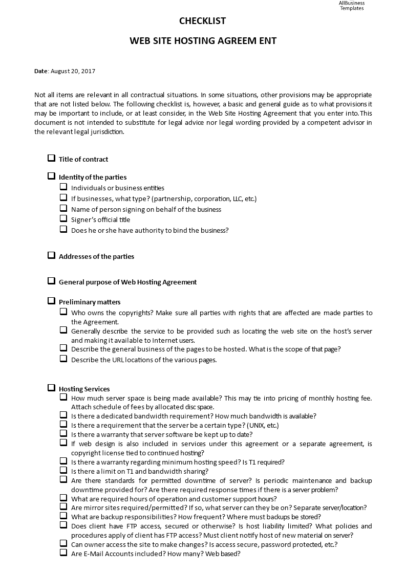 checklist website hosting agreement 模板