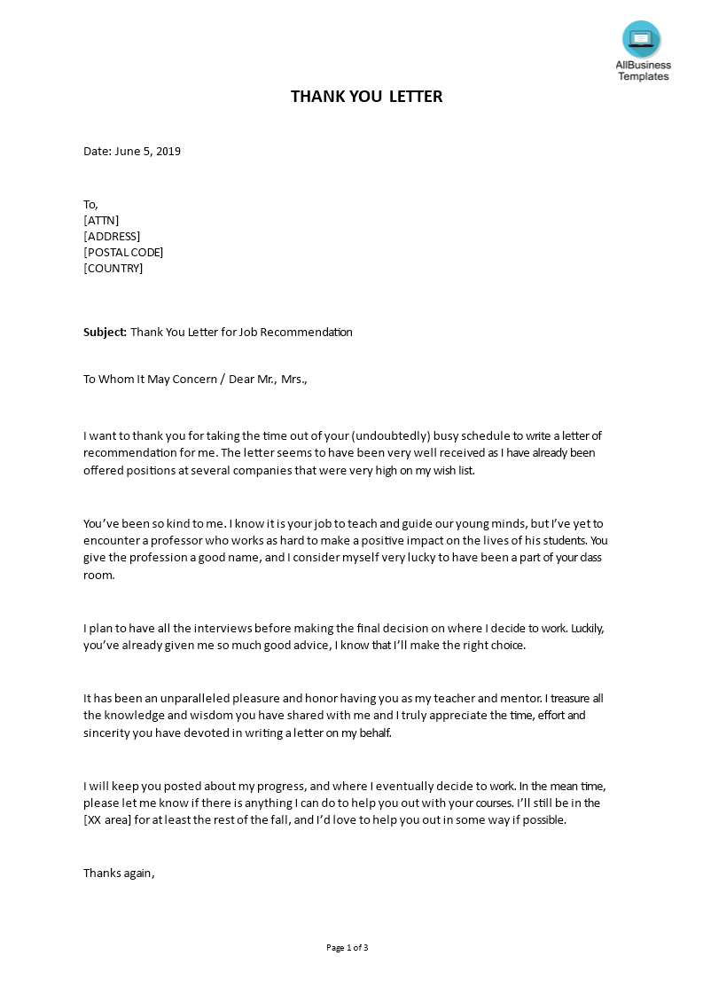 Thank You Letter Letter Of Recommendation from www.allbusinesstemplates.com